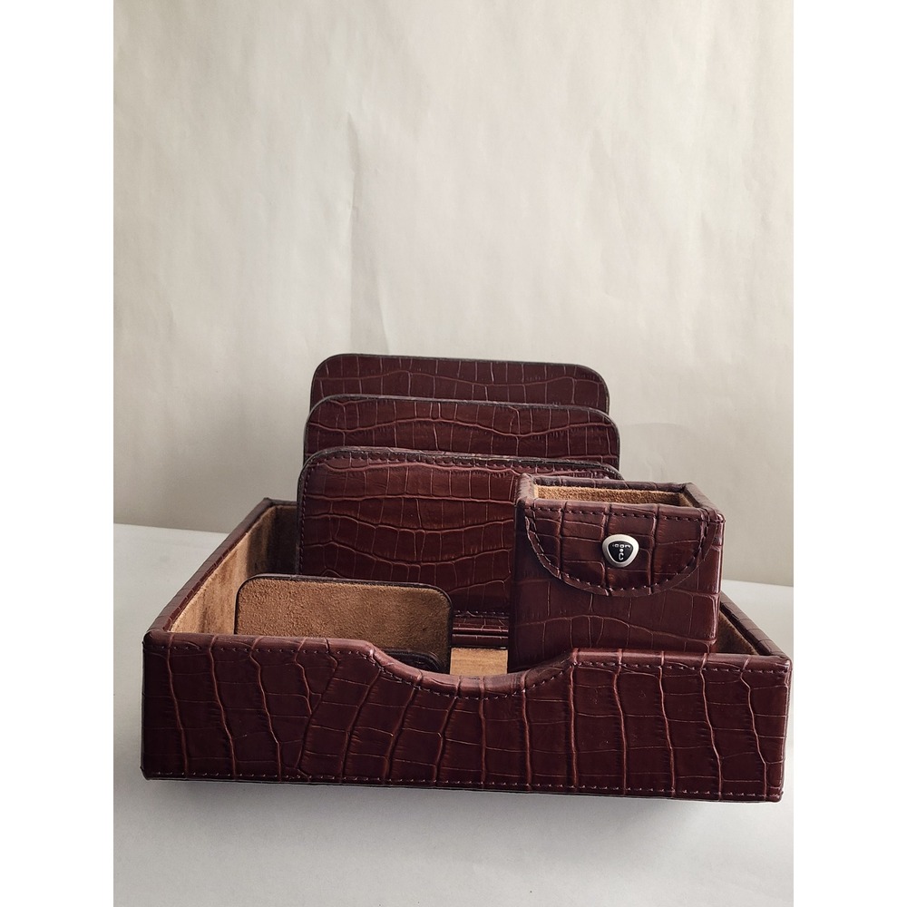 Icon Brown Faux Crocodile Leather Desk Organizer Set Tray Letter Sorter Pen Cup